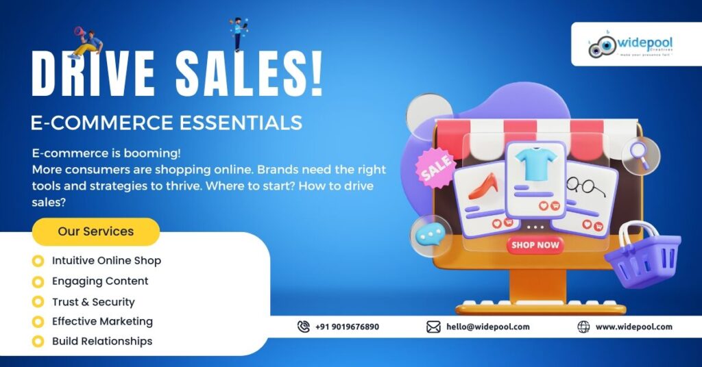E-commerce icons and a shopping cart, illustrating strategies to drive sales in the digital marketplace.
