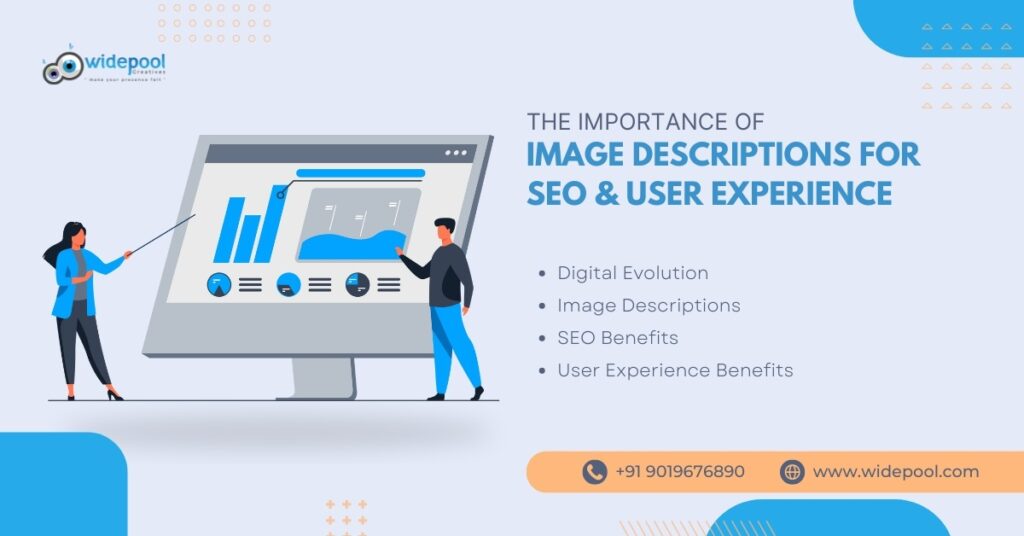 Magnifying glass over a webpage, illustrating the importance of image descriptions for SEO and UX.